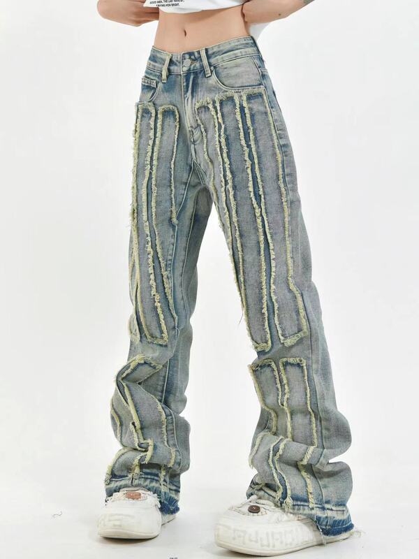 Playful Kk/American-Style Trendy Brand Retro Distressed Brushed Denim Straight-Leg Loose Flared Unisex Jeans
