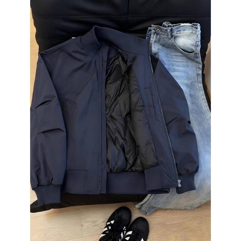 Navy Blue Lightweight down Jacket for Men, Winter Short American-Style Bomber Flight Jacket, Stand Collar Baseball Cotton Coat