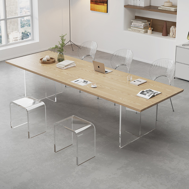 Living room solid wood long table workbench simple suspension acrylic conference desk Nordic ash wood meal