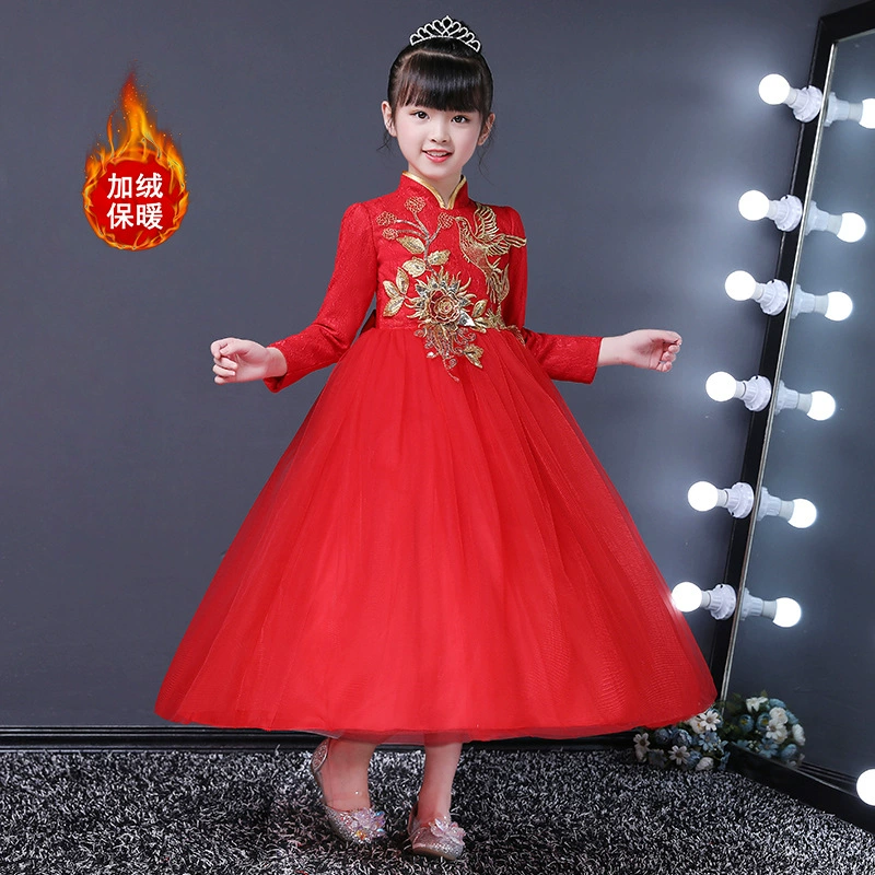 Váy bé gái mùa đông cộng với nhung trẻ em váy cưới Váy bé gái phù dâu váy đỏ váy bé gái váy dài đầm cho bé gái