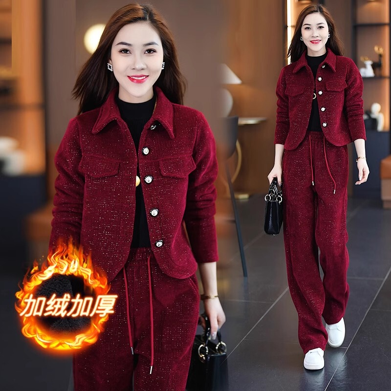 Fleece-Lined and Thickened Fashionable Women's Suit 2025 Autumn and Winter New Style Petite Casual Stylish Slimming Wide-Leg Pants Two-Piece Set Fleece-Lined and Thickened Fashionable Women's Suit 2025 Autumn and Winter New Style Petite Casual Stylish Slimming Wide-Leg Pants Two-Piece Set