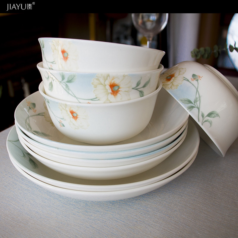 Tangshan manufacturer Jiayu in-glaze flower language parts Chinese in-glaze bone china tableware with bone china bowls and plates