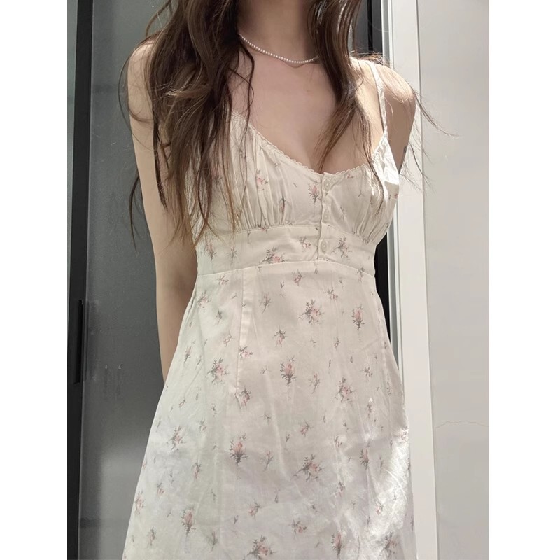 Brandy Bm French Style First Love Beautiful Unique Waist-Cinching Spaghetti Strap Floral Dress Short Dress for Petite Women Summer