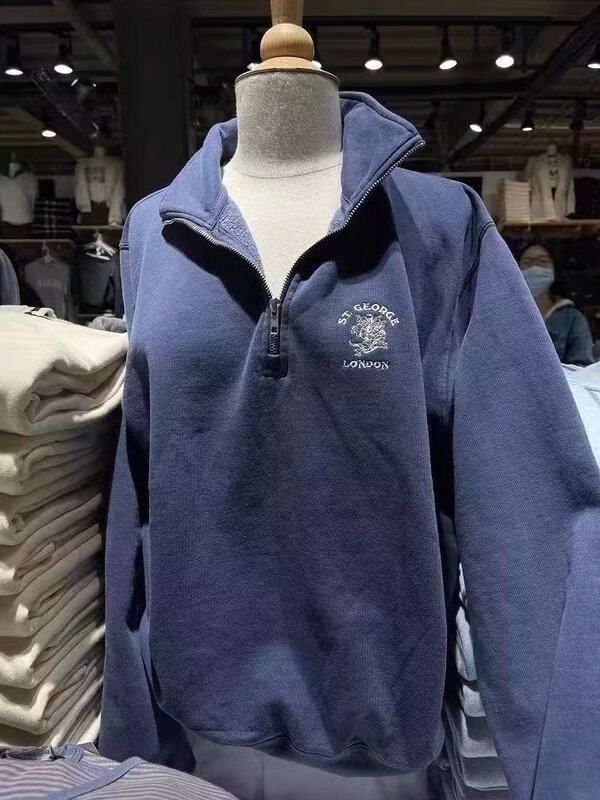 Brandy Girl Half-Zip Sweatshirt for Women, Bm Dragon Embroidery, Loose Polo Collar Pullover, Preppy Style, Autumn and Winter