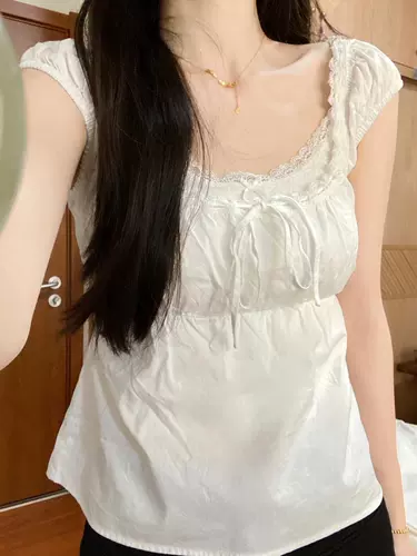 Brandy Girl Bm Otaku Белая кружевная блузка с короткими рукавами в одном стиле, летний сладкий и пряный облегающий кружевной топ, летний