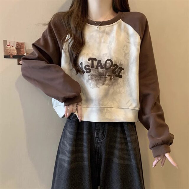 Maillard tie-dye raglan sleeve retro sweatshirt for women in autumn plus size slightly fat mm slimming short top that covers belly and hides meat