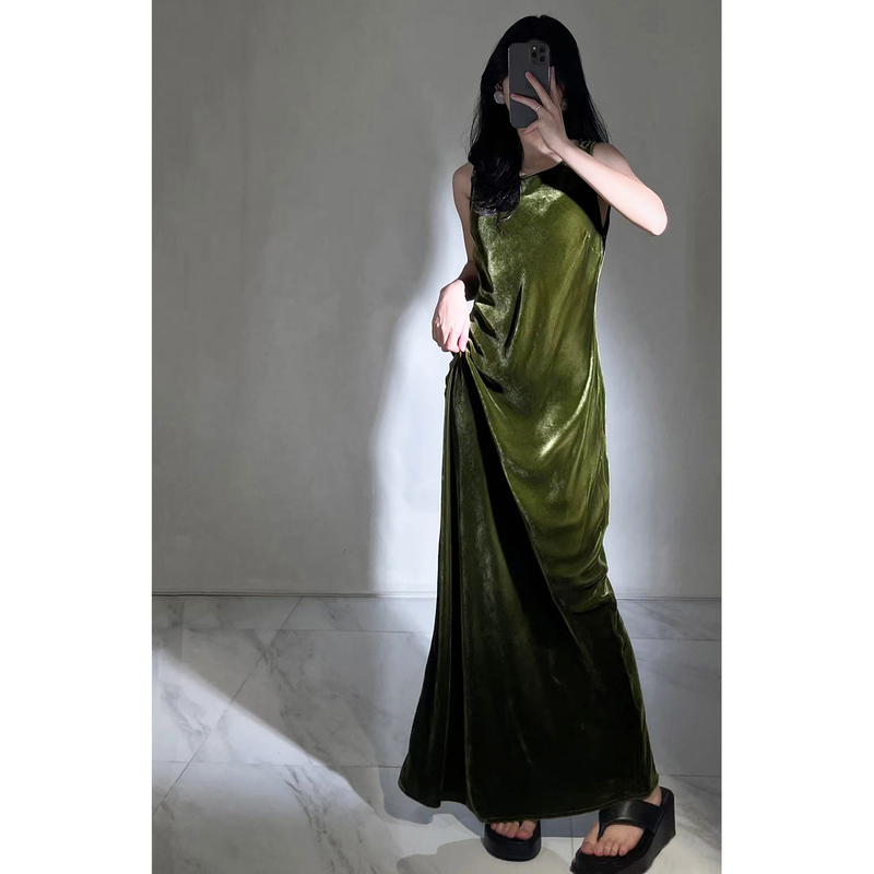 T Brand Green Silk Velvet Bias-Cut Sleeveless Dress High-Waisted Midi Skirt Long Little Black Dress for Women Spring and Summer