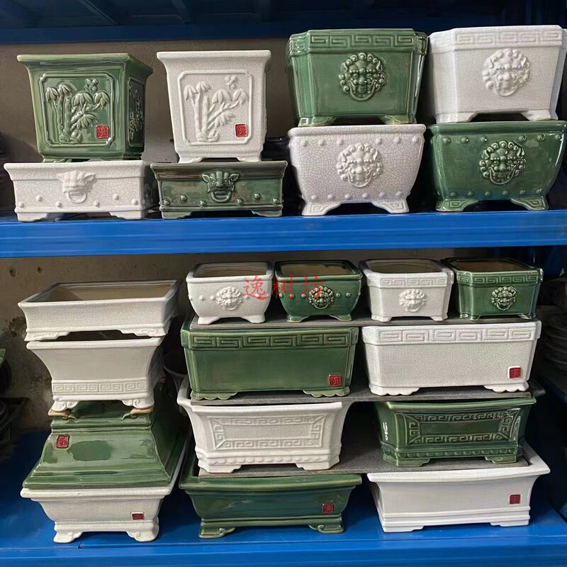 Retro Green and White Ice-Cracked Glaze Relief Animal Head Rectangular Square Oval Hexagonal Ceramic Bonsai Flower Pot Retro Green and White Ice-Cracked Glaze Relief Animal Head Rectangular Square Oval Hexagonal Ceramic Bonsai Flower Pot