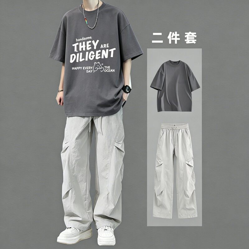 Men's Short-Sleeved T-Shirt Two-Piece Set with Long Pants, Summer Thin Clothing, Trendy Matching Casual Sports Suit for Men Men's Short-Sleeved T-Shirt Two-Piece Set with Long Pants, Summer Thin Clothing, Trendy Matching Casual Sports Suit for Men