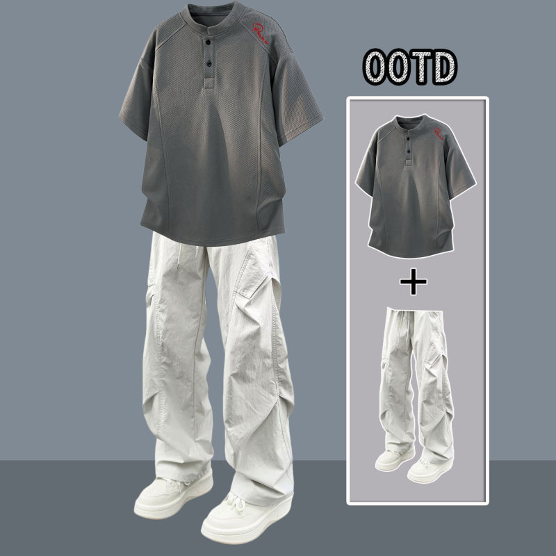 Handsome Men's Casual Suit, a Stylish Summer Outfit with a Trendy Henry Collar T-Shirt, Two-Piece Set