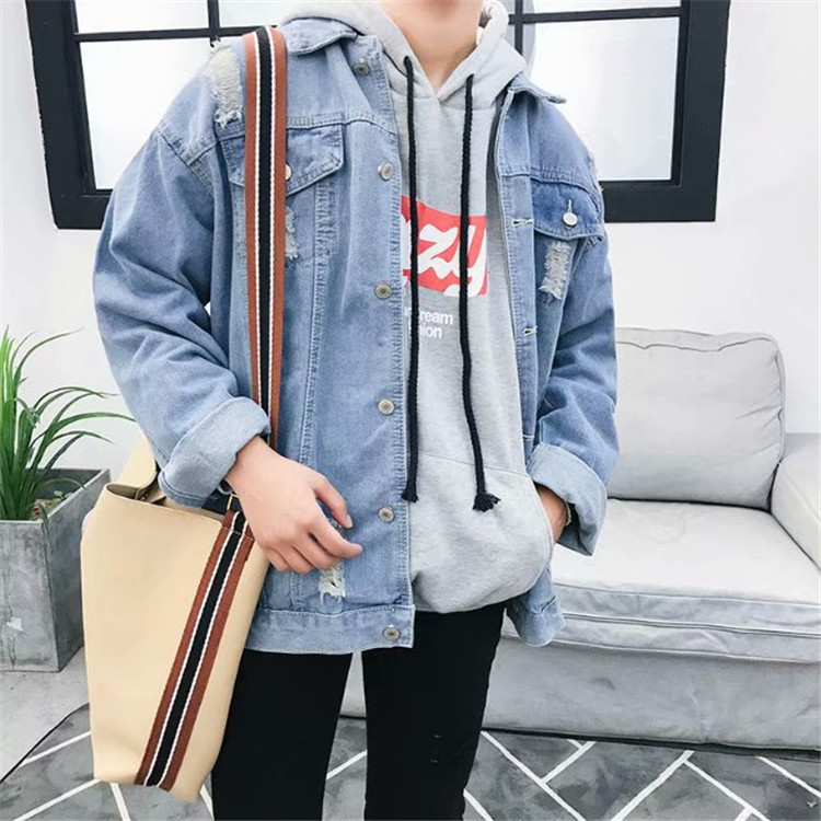 Mùa xuân và mùa thu Áo khoác denim Hàn Quốc nam lỏng lẻo lỗ thủng áo khoác đôi bf gió sinh viên trên quần áo áo khoác cặp