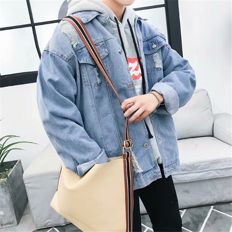 Mùa xuân và mùa thu Áo khoác denim Hàn Quốc nam lỏng lẻo lỗ thủng áo khoác đôi bf gió sinh viên trên quần áo áo khoác cặp