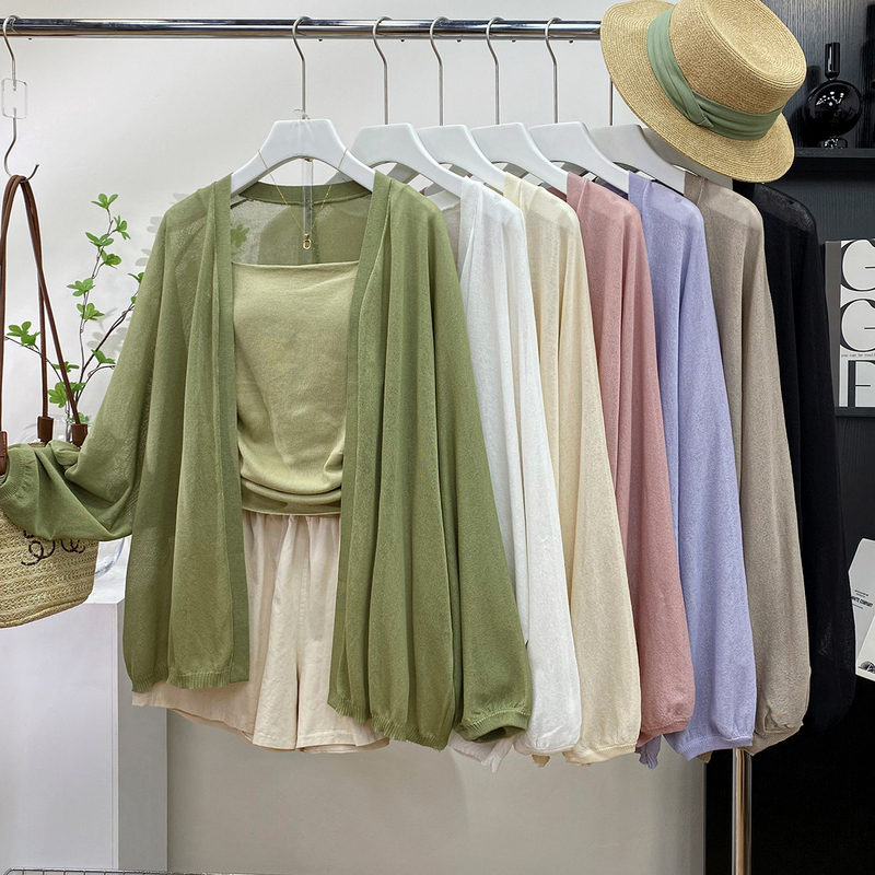 Lazy Style Lantern Sleeve Mid-Length Sun Protection Ice Silk Knitted Cardigan for Women, Lightweight Summer Outerwear, Loose Air-Conditioning Shawl
