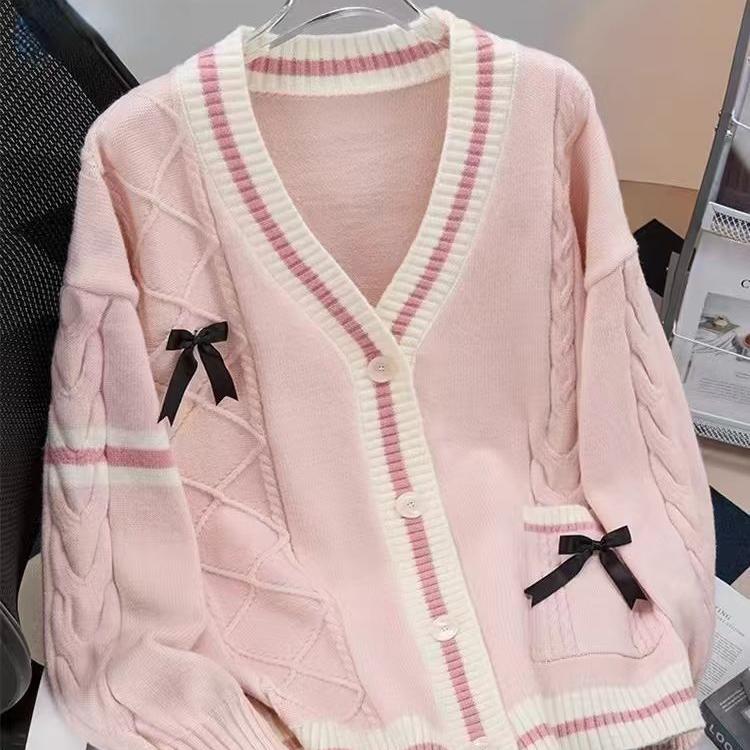 Bow-Knot Sweater Jacket for Women, Autumn and Winter, Loose Fit, 2024 New Style, Lazy Style Design, Age-Reducing, Japanese-Style Knitted Cardigan