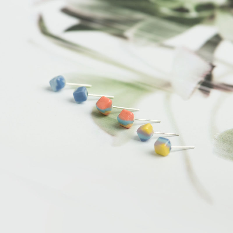 Hua Su New Products Handmade Candy S925 Pure Silver Needle Female Geometric Square Series of Simple Temporary Pure Headjewelry