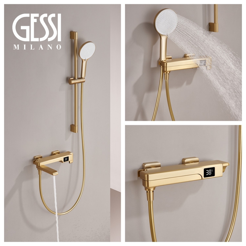 Italian Gessi All-Copper Extended Rotating Bathtub Faucet with Foldable Brushed Gold Digital Display Shower Set