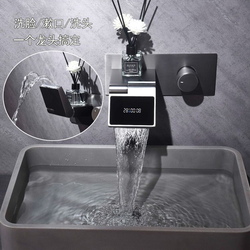 German Hans All-Copper Digital Display Waterfall Faucet Embedded Concealed Bathroom Countertop Basin Hot and Cold Water Faucet