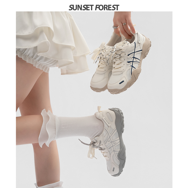 Sunset Forest Mesh Thick-Soled German Training Shoes for Women 2026 Spring New Breathable Height-Increasing Sneakers Casual White Shoes