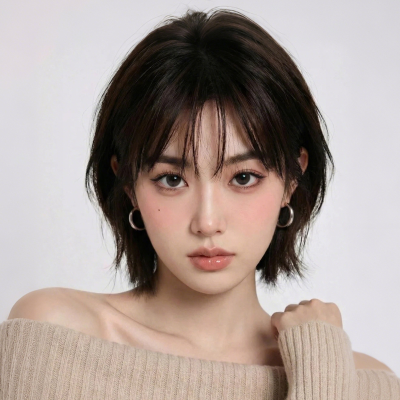 Full Head Wig for Women, Made of Real Human Hair, Age-Reducing, Stylish, with Air Bangs, Japanese Style Short Hair, Lightweight and Breathable for Summer