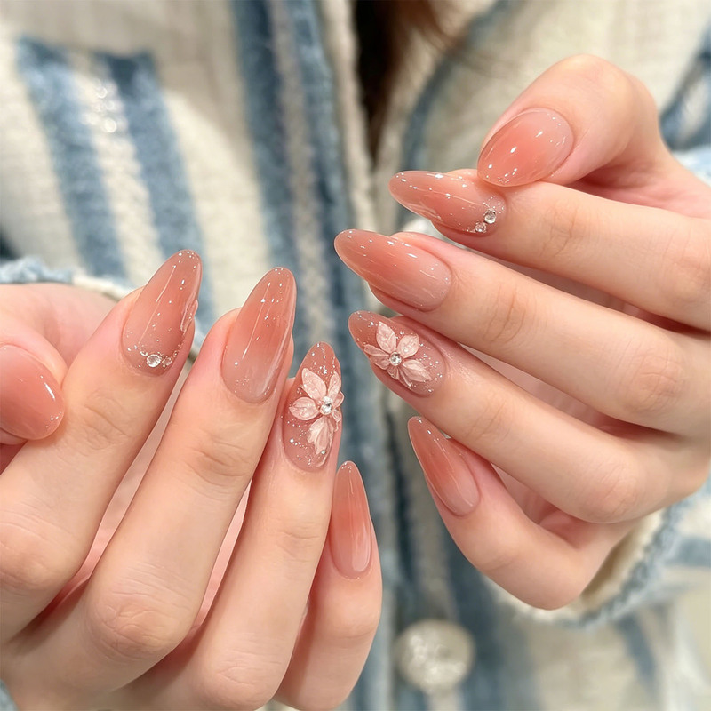 Nude Color Gradient Ice-Transparent Three-Dimensional Ice Flower Handmade Nail Art Wearable Nails Ins Gentle Style 2026 Model Medium-Long Pure Desire Nude Color Gradient Ice-Transparent Three-Dimensional Ice Flower Handmade Nail Art Wearable Nails Ins Gentle Style 2026 Model Medium-Long Pure Desire