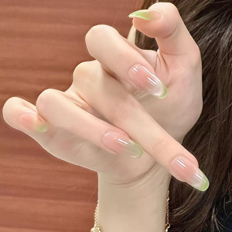 2026 Summer Ice-Clear French-Style Guava Soda Hailey Electroplated Cat-Eye Handmade Wearable Nail Art Fresh and Trendy Ins Style