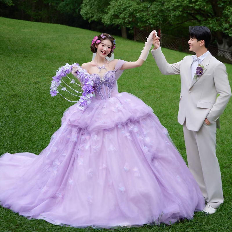 Photo Studio's New Outdoor Wedding Photoshoot Purple Princess-Style Photography Studio Photo Shoot Forest-Themed Colorful Tulle Dress