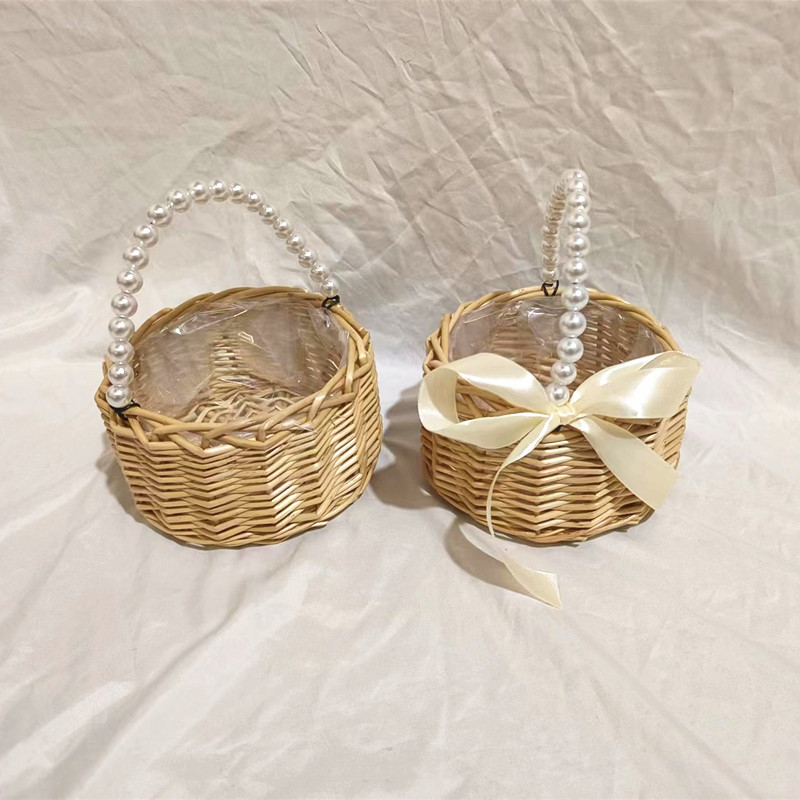 New pearl hand flower basket willow chflower basket accompanied by hand small flower basket flower basket for photo photographic props flower arrangement-Taobao