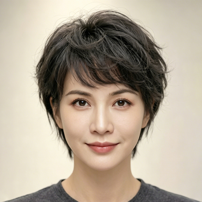 Full Head Wig for Women, Real Human Hair, Middle-Aged and Elderly Mother Style, Short Hair, Natural and Lightweight, Summer Wig Set