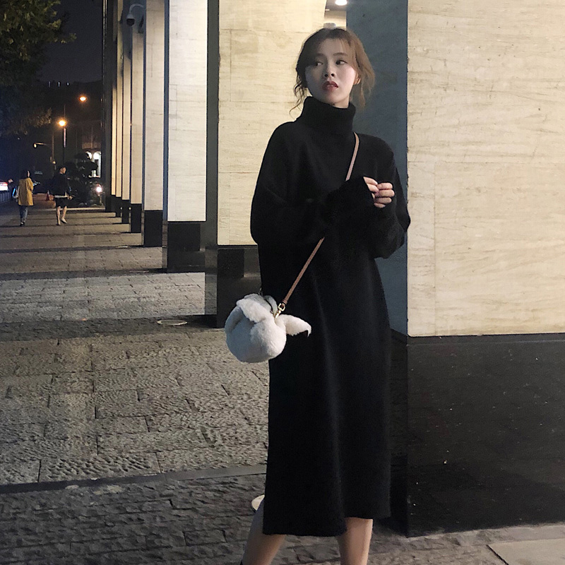 Mid-Length Sweater Dress with Coat, Hepburn Style Loose Skirt, Black Spring and Autumn Knitted Inner Dress