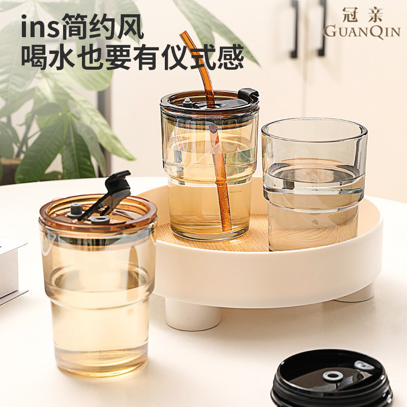 High-value coffee cup glass straw cup female ins style niche office drink bamboo cup boy water cup
