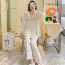 Postpartum clothing June 7 postpartum spring and autumn pure cotton gauze maternity pajamas womens pregnancy summer thin maternity nursing clothes