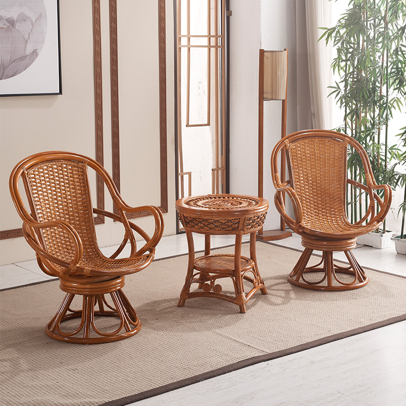Balcony High-Back Rattan Chair Three-Piece Set for Home Use, Simple and Casual Living Room Coffee Table and Round Table with Real Backrest Chairs and Tea Table and Chair Combination