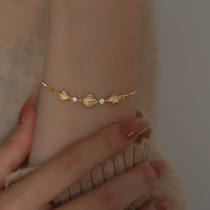 Cat Eyes Stone Tulip Gold Charm Bracelet Gold Inlaid Jade Retro Small Crowd Design Lukewarm Wind Adjustable Bracelet Bestie Honey Gift Autumn Winter