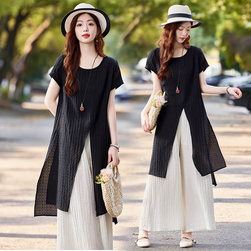 2026 Summer Relaxed Artistic Style Goddess Outfit Set Loose Irregular Top and Wide-Leg Pants Two-Piece Set