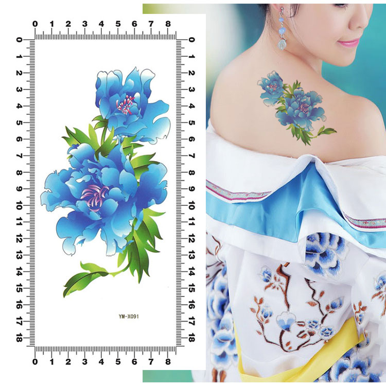 Hoa Mẫu Đơn màu xanh Hoa Nhãn Dán Hình Xăm Không Thấm Nước Nữ Dài Lasting Tấm Woman Quảng Trường Costume Nhiếp Ảnh Cơ Thể Sơn Cánh Tay Hoa Sticker hình xăm dán mặt quỷ
