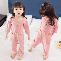 Baby childrens conjoined pajamas toddlers 1 pure cotton baby spring and summer jumpsuit 3-year-old girl home clothing thin