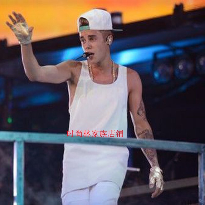 Justin Bieber Wide-Neck Low-Cut Square-Neck White Tank Top Trendy Young Men's Breathable Pure Cotton Sports Fitness Tank Top