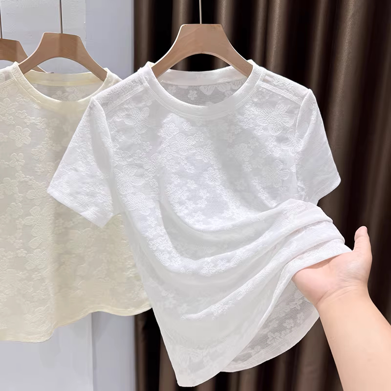 White Lace Base Shirt for Women, Summer 2026 New Style, Hollow-Out Round Neck Mesh Blouse, Thin Short-Sleeve Top, Cover-Up