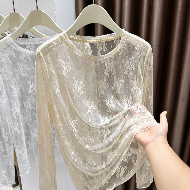 Small Round-Neck Lace Base Shirt for Women, Autumn and Winter, Hollow-Out Thin Style, Layered Inner Wear, Mesh Shirt, Long-Sleeved Apricot-Colored Top Small Round-Neck Lace Base Shirt for Women, Autumn and Winter, Hollow-Out Thin Style, Layered Inner Wear, Mesh Shirt, Long-Sleeved Apricot-Colored Top