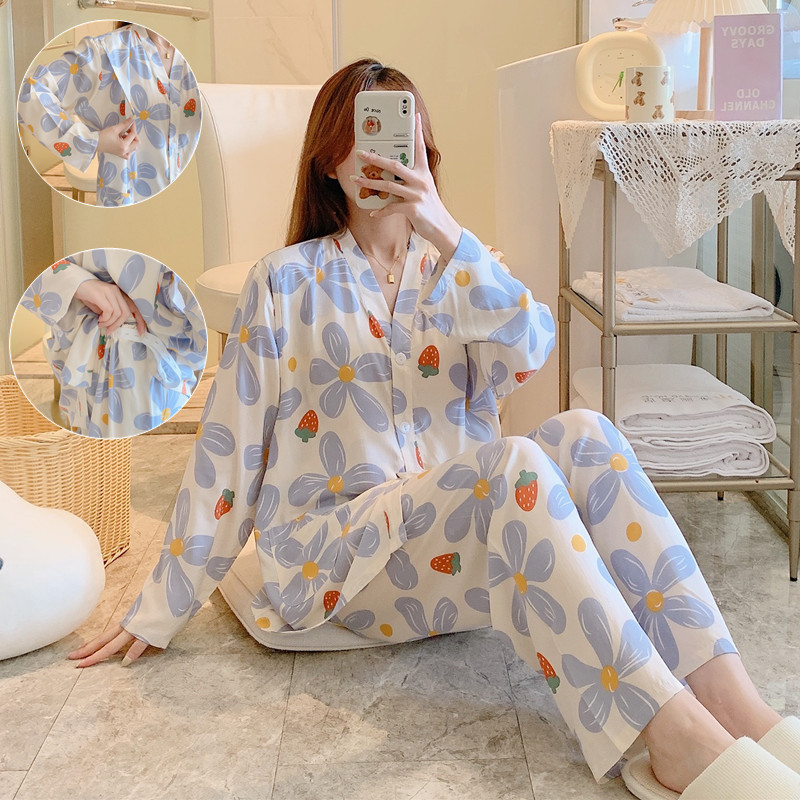 Summer and Autumn Cotton Silk Maternity Pajamas V-Neck Long-Sleeved Thin Rayon Silk Postpartum Maternity Wear Home Nursing Set