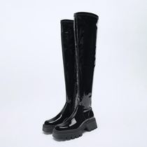 ZA lacquered leather over knee length boots female autumn winter elastic boots small knight boots high cylinder thick bottom heightening display slim long cylinder boot