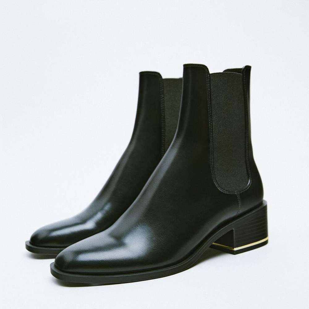 ZA2021 winter new British style flat bottom round toe Chelsea boots thick heel black leather short boots women