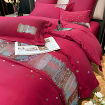 High-end lavish wedding grinders Four pieces of full cotton pure cotton embroidery Wedding quilt cover with dowry thickened bedding