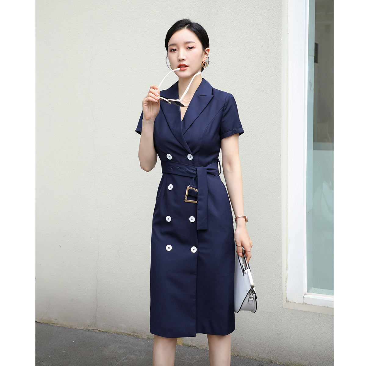 Zhang Xinhen customized autumn new suit - collar dress female short - sleeved double - row deduction fit commuter dress