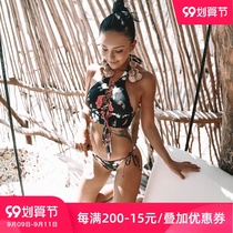 OceanMystery new black print bikini triangle sexy strap hanging neck split body swimsuit women