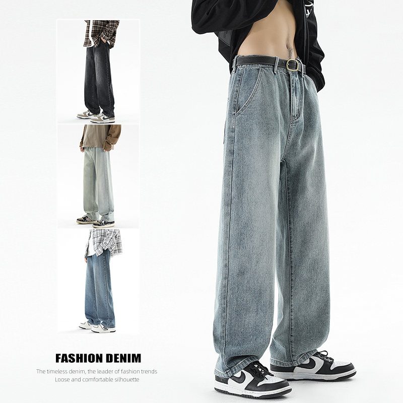 Men's Loose Straight-Leg Jeans with Elastic Waistband, Trendy Casual Versatile Autumn Pants