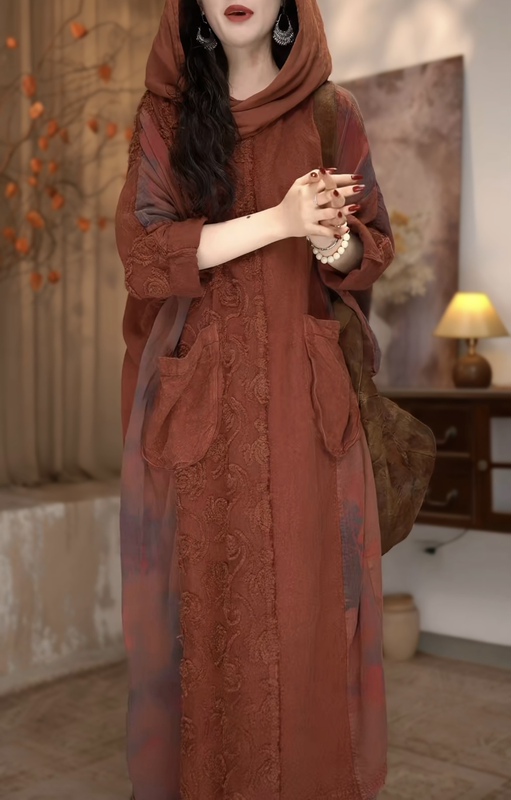 Shijiu Home [Guanyin] Original Design, Bohemian Style Embroidery Craftsmanship, Linen Patchwork Hooded Robe for Spring, Summer, and Autumn