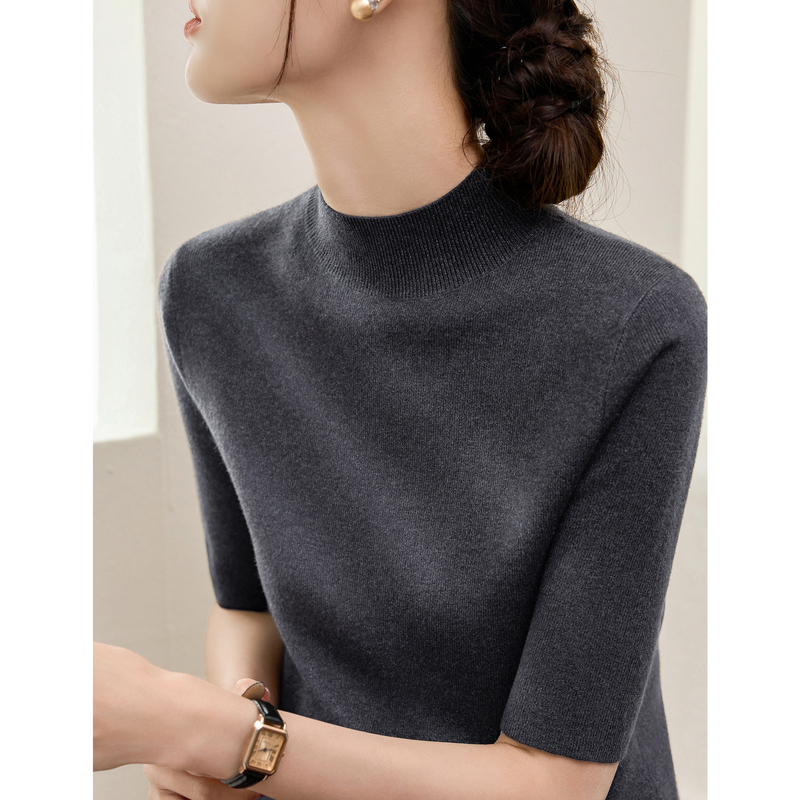 High-End New Style Carbon Gray Mid-Sleeve Top for Women, Autumn Versatile Merino Wool Half-Turtleneck Slim-Fit Knit Base Shirt High-End New Style Carbon Gray Mid-Sleeve Top for Women, Autumn Versatile Merino Wool Half-Turtleneck Slim-Fit Knit Base Shirt