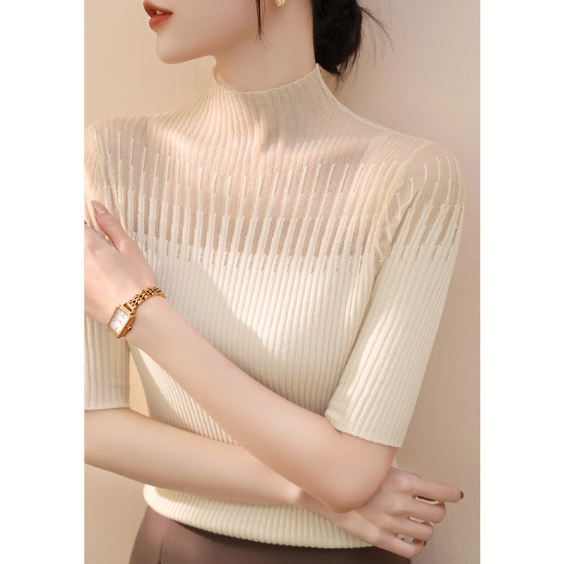 French High-End Half-High Collar Lace Mesh Knitwear Sweater for Women Spring & Fall 2026 New Style Five-Quarter Sleeve Inner Top