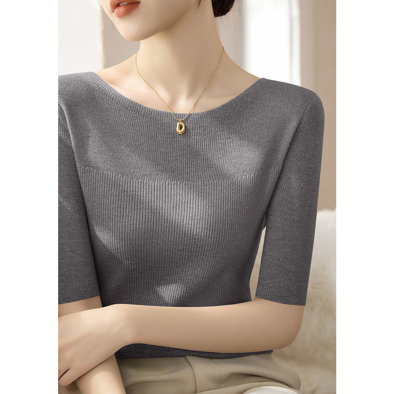 One-Line Neckline Pullover Slim-Fit Slimming Five-Quarter Sleeve Knitted Sweater for Women, New Versatile Base Layer Top for Spring and Summer, Thin